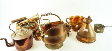 A collection of assorted copperware, to include a kettle, hanging pot, pitcher,