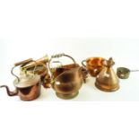 A collection of assorted copperware, to include a kettle, hanging pot, pitcher,