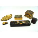 A collection of boxes to include Italian papier mache, a Bakelite pot,