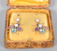 A pair of insect drop earrings set with pearls,