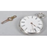 A silver open face pocket watch. White circular dial (unsigned) with Roman numerals.