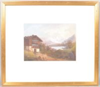 19th century/ early 20th century Swiss school, Chalet in a landscape with lake beyond,