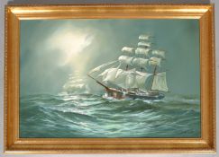 Keith English, sailing in stormy seas oil on canvas,