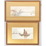 Two watercolours, the first by N G Davies, June 1903, Boats and a gondola in Venice,