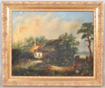 19th century English School, figures before a thatched cottage, oil on canvas, 35cm x 43cm,