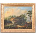 19th century English School, figures before a thatched cottage, oil on canvas, 35cm x 43cm,