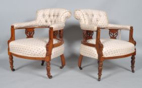 Two Victorian tub armchairs, mid-19th century, with button backs,