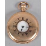 A Waltham demi hunter pocket watch. Circular white dal with numerical markings.