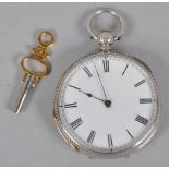 An open faced pocket watch having a silver engraved case. Circular dial with Roman numeral.