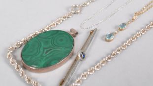 A collection of jewellery to include: A 9ct gold aquamarine and seed pearl pendant with chain;