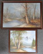 Roger Brown, Woodland Scenes, two oil on canvas, signed lower right,