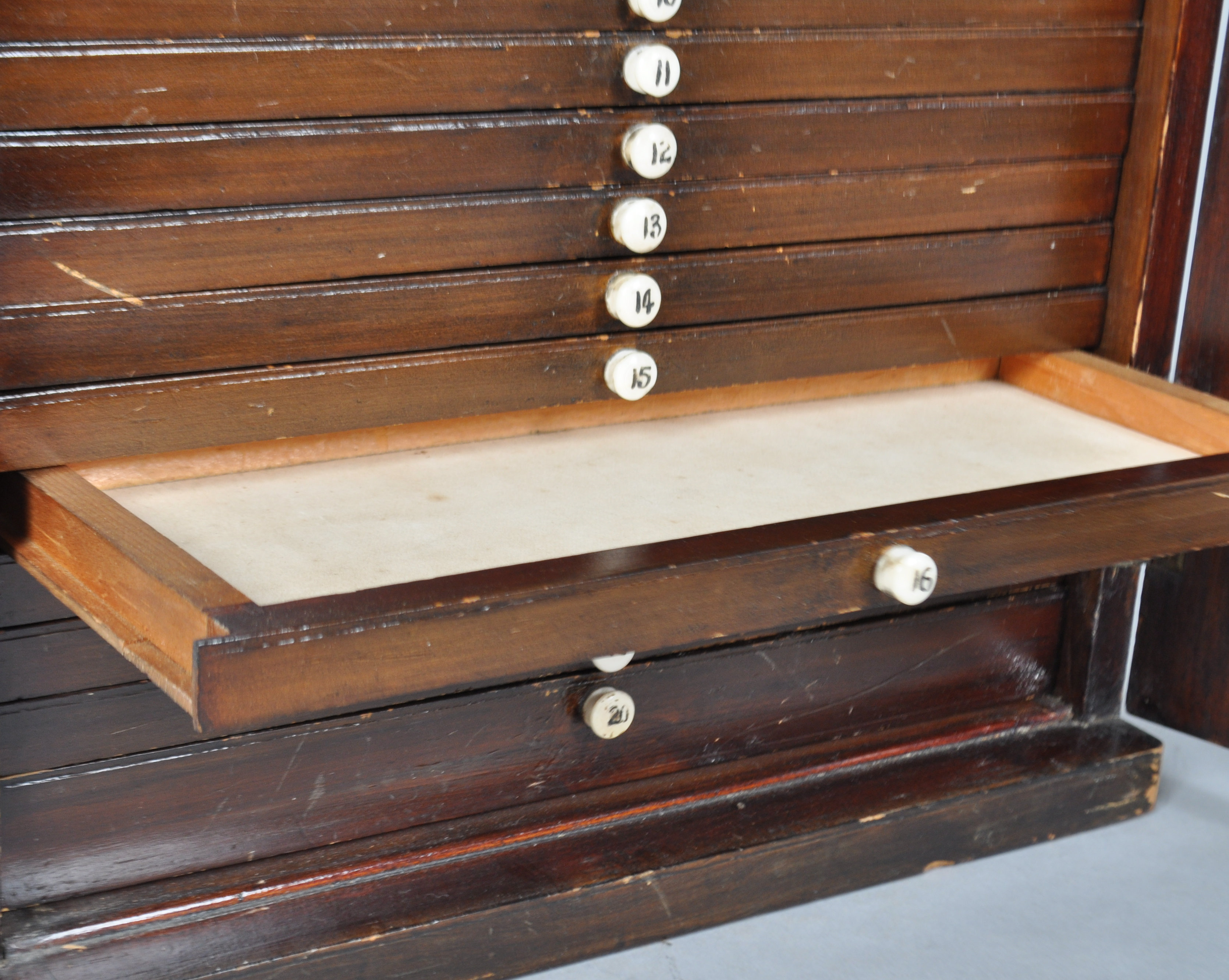 An Edwardian mahogany collectors cabinet, the glazed door enclosing twenty numbered drawers, - Image 3 of 3