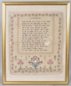 An early 19th century sampler, Elizabeth Jennings, Aged 10 years,