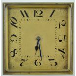 An Art Deco brass square frame strut clock with gold Arabic dial,