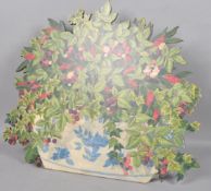 A dummy board painted with a band of blackberries,red currents,raspberries and flowering foliage,