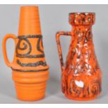 West German pottery 1960's vases/jugs, both in orange with textured fat lava glazes,