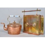 A 19th century copper and brass kettle with glass insulated handle and a copper and brass