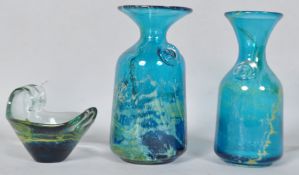 Two 1970's studio art glass two Mdina sea and sand wide rimed vases with Maltese cross to side