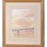 Roland Hill, couple on beach at low tide,watercolour inscribed and labled verso