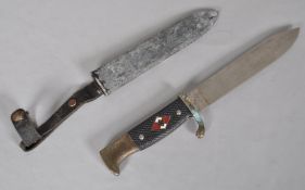 A Hitler Youth dagger with scabbard, unmarked blade, H J diamond glued in place,