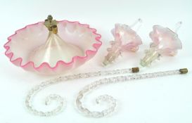 A Victorian glass epergne, the circular frilled base with pink rim,