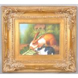 20th century school, Two rabbits, oil on canvas, in gilt frame,