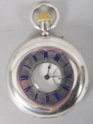 A full hunter mechanical pocket watch. White circular dial with roman numerals.