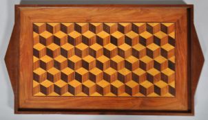 A mahogany and parquetry inlaid rectangular tray,