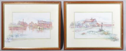 Glenda Rae, two watercolours one with a beamed Tudor-style house and ducks,