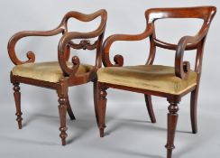 A late Regency, early Victorian mahogany elbow chair, with incurved top rail above scrolled arms,
