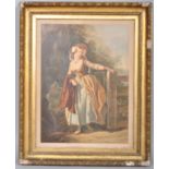 An early 19th century Victorian framed print of a lady before a gate in wooded landscape,