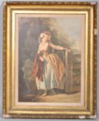 An early 19th century Victorian framed print of a lady before a gate in wooded landscape,