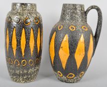 A West German Studio pottery fat lava vase and jug, circa 1960, moulded marks,