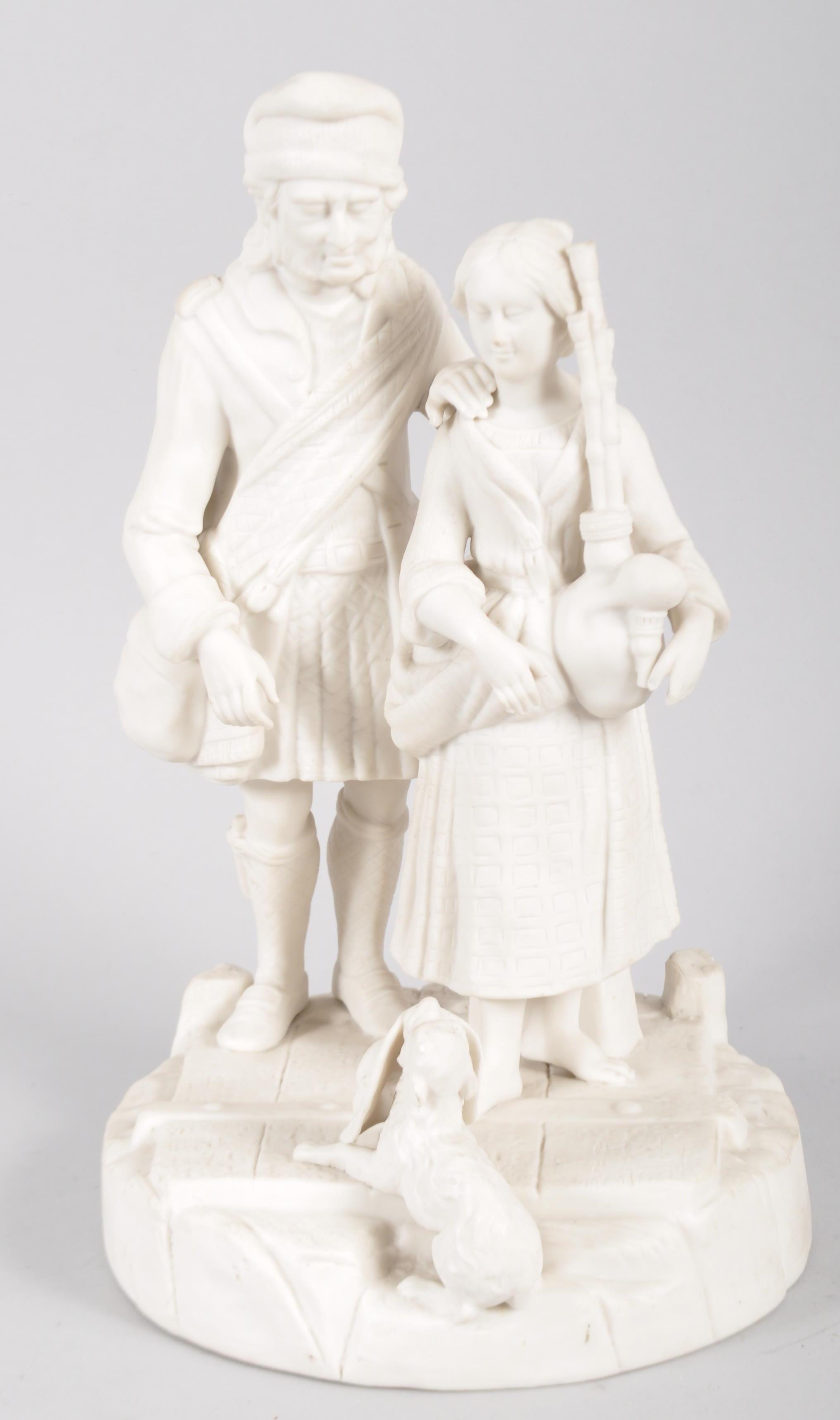 A Parian figure group of a highlander and companion bagpiper, mid 19th century,