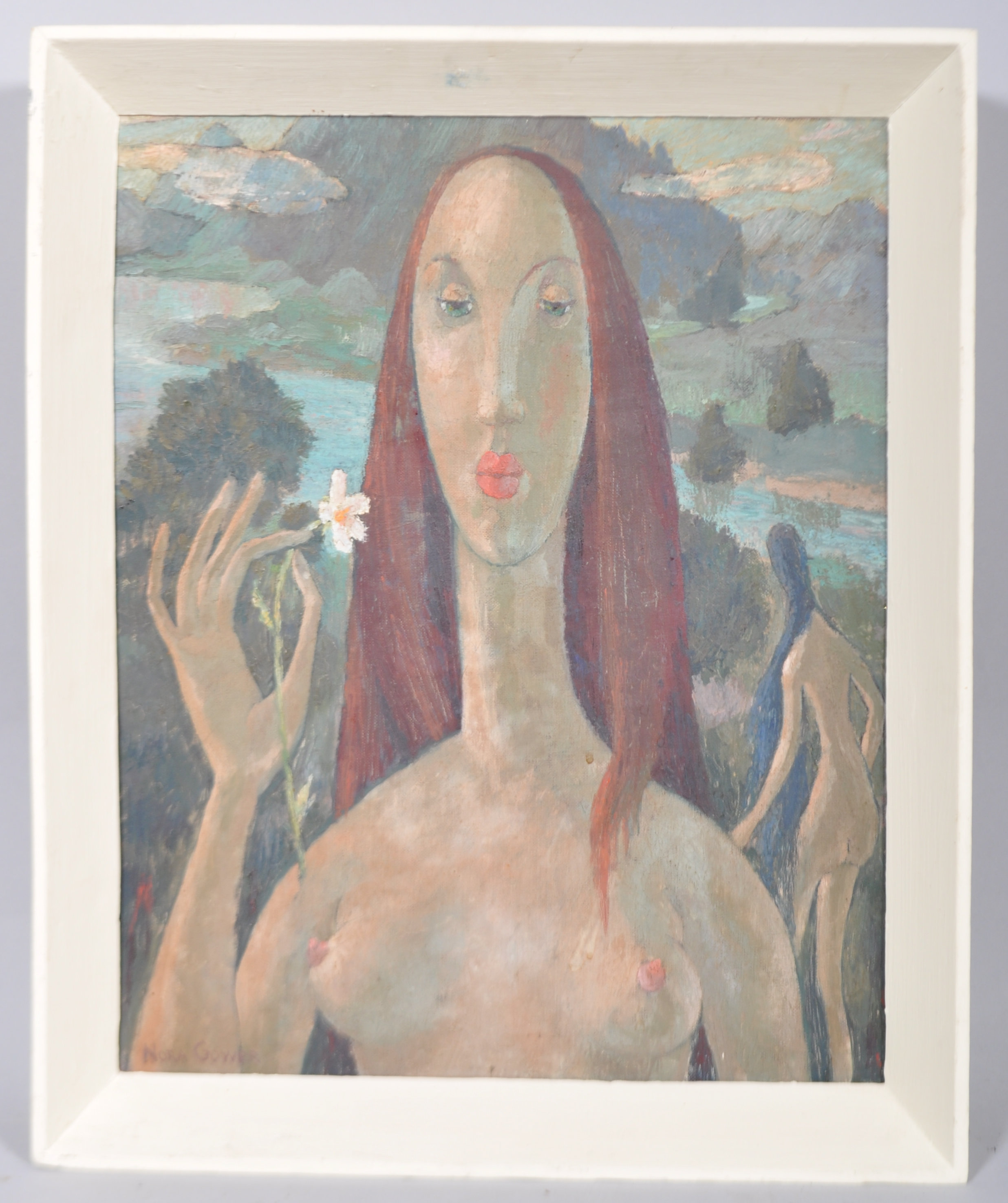 Nora Gower, Eve, portrait of a woman in river landscape, oil on canvas, circa 1974, framed,