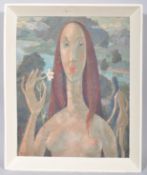 Nora Gower, Eve, portrait of a woman in river landscape, oil on canvas, circa 1974, framed,