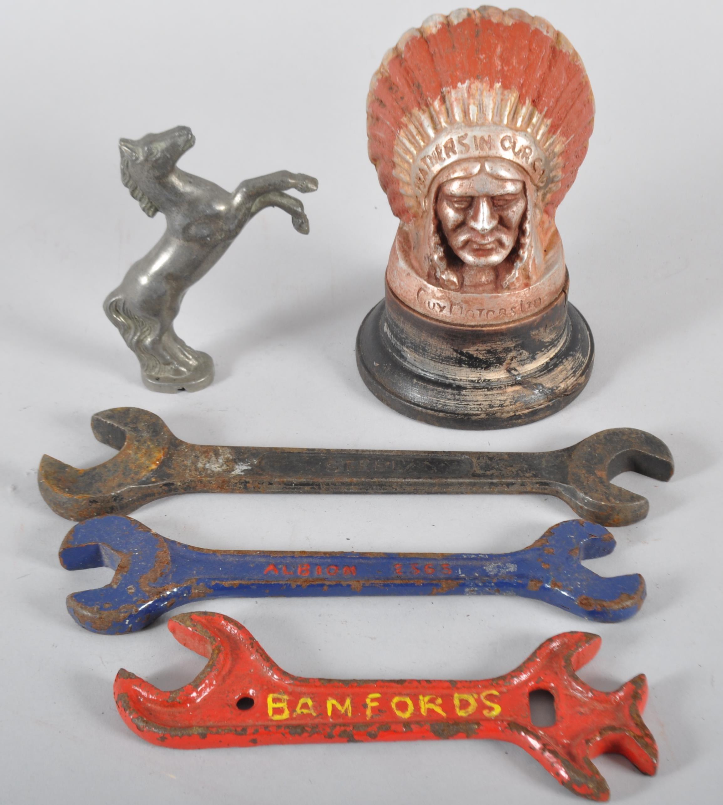 A lorry mascot, of an Indian Chief, labelled Guy Motors Ltd, a Banlett No 1 Spanner,