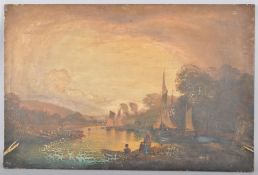 19th century Continental school, figures beside sailing boats on a lake in a landscape,
