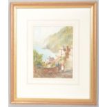 Watercolour, late 19th/early 20th century, figures in discussion before cottages in a seascape,