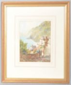 Watercolour, late 19th/early 20th century, figures in discussion before cottages in a seascape,