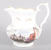 A Staffordshire porcelain jug of mining interest, or lobed form, painted with a factory and mine,