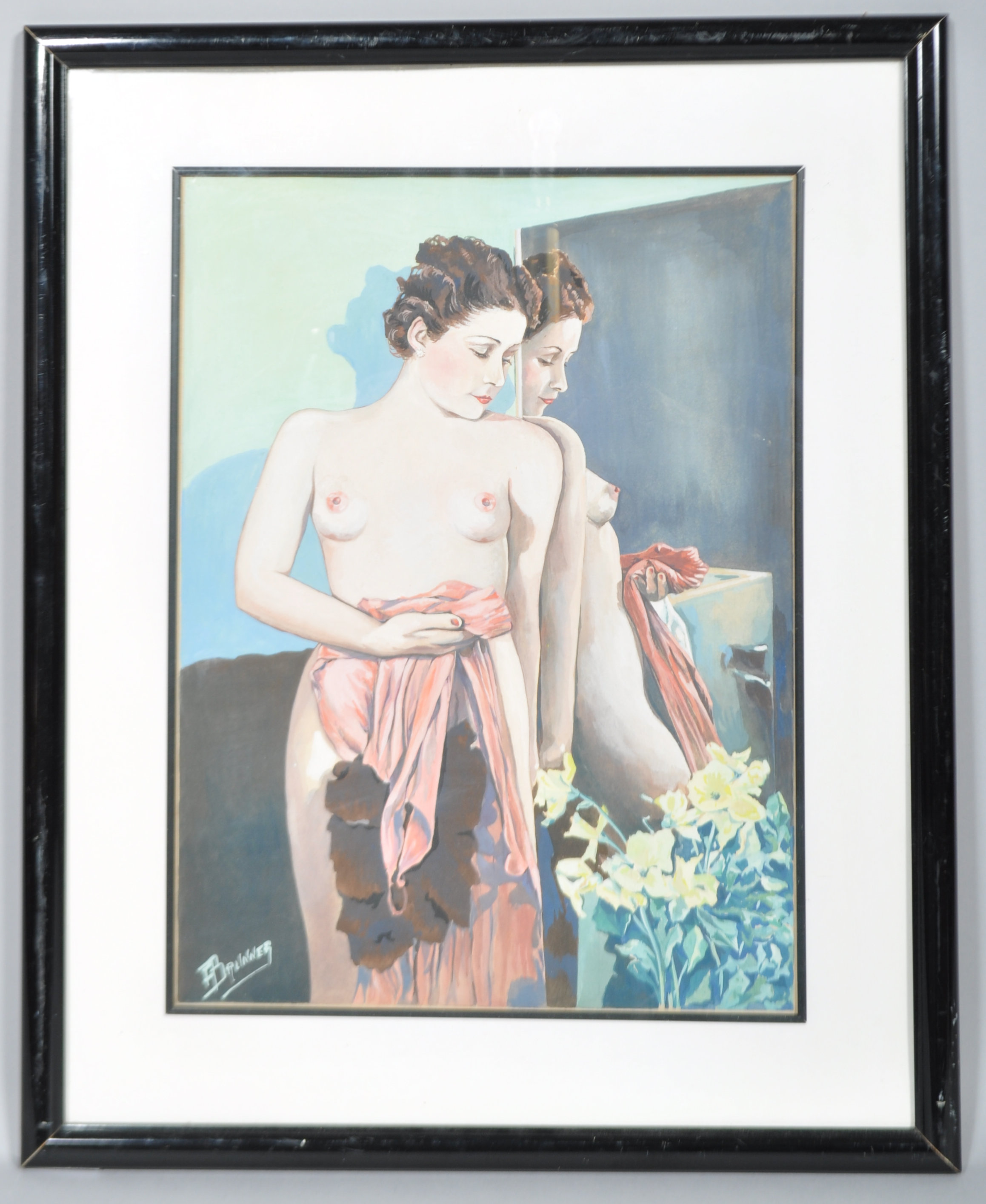 F F Brunner, Female nude, 20th century, gouache and watercolour, mounted and framed,
