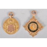 A group of two 9ct gold football prize fobs of round and starred form
