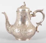 An Elkington and Co silver plated neo-rococo baluster coffee pot and hinged cover,