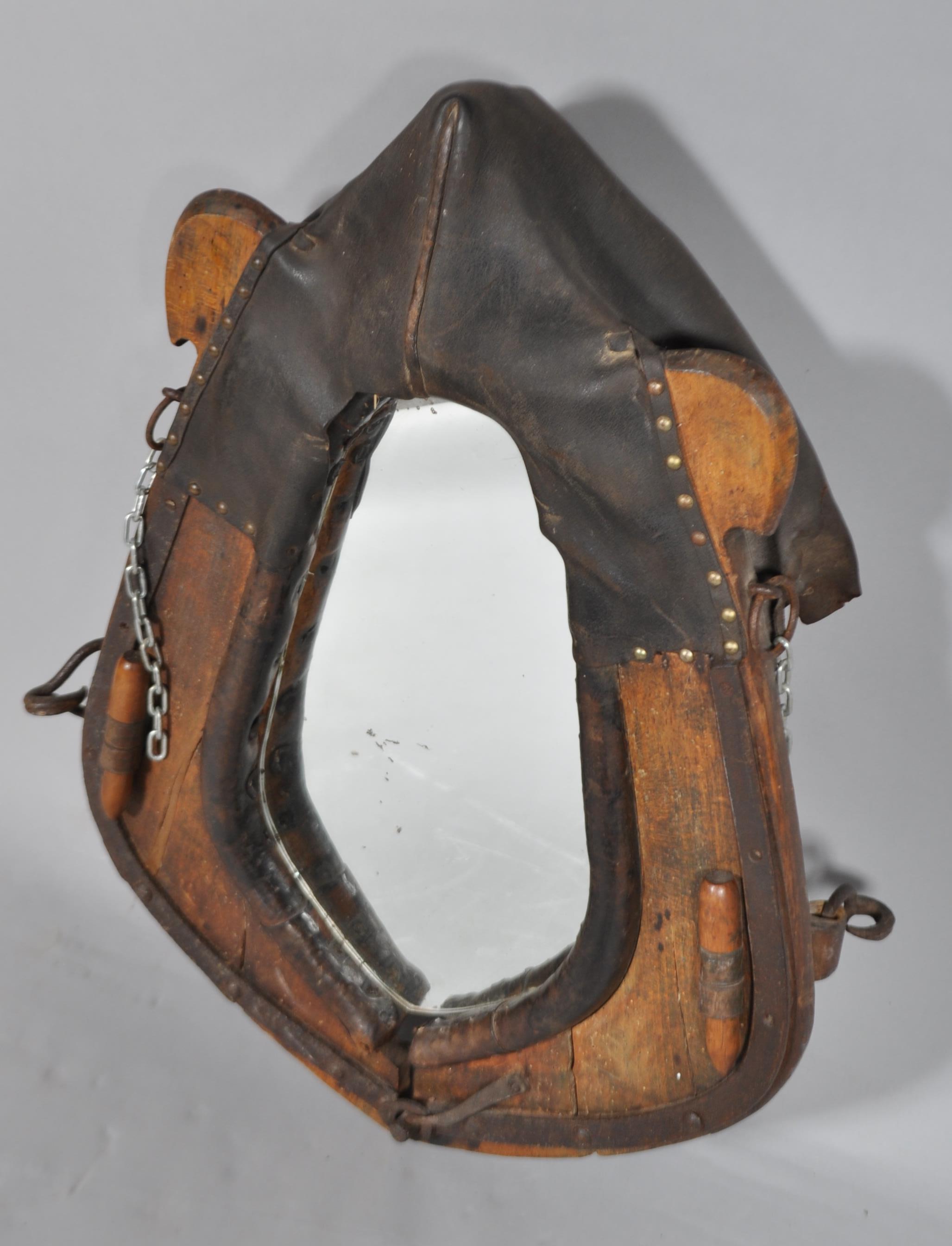 A 20th century vintage oak horse ploughing collar having steel furniture and studded leather, - Image 3 of 3