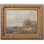19th century school, Travellers in River Landscape, oil on board, in giltwood and gesso frame,