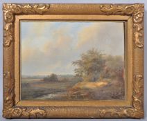 19th century school, Travellers in River Landscape, oil on board, in giltwood and gesso frame,