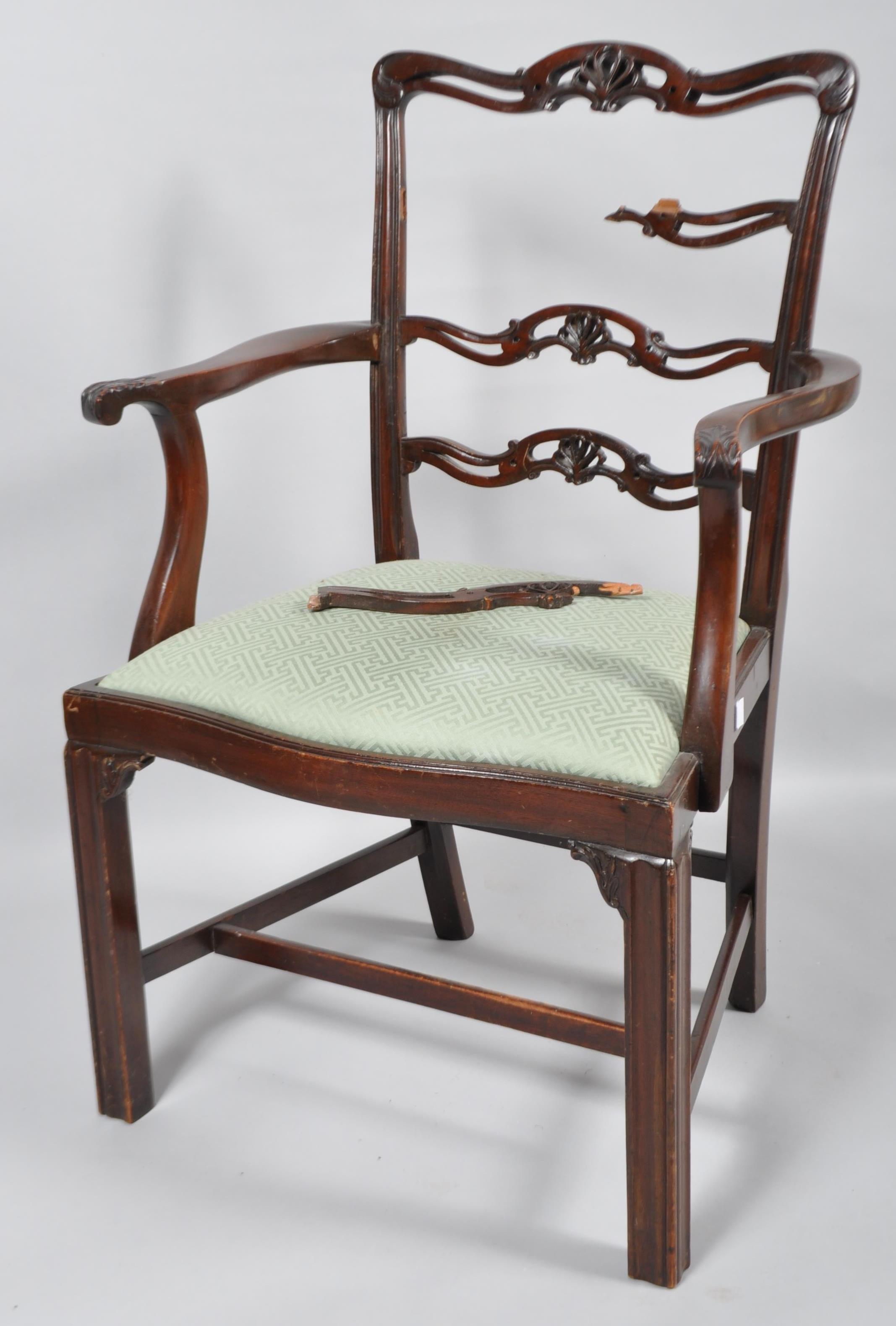 Five George III mahogany dining chairs and an armchair, with pierced scroll splats with palmettes, - Image 3 of 4