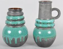 A West German Studio pottery lava ribbed vase and jug, circa 1960, moulded marks,