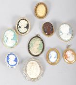 A collection of ten costume jewellery cameo brooches, late 19th/early 20th century, including shell,